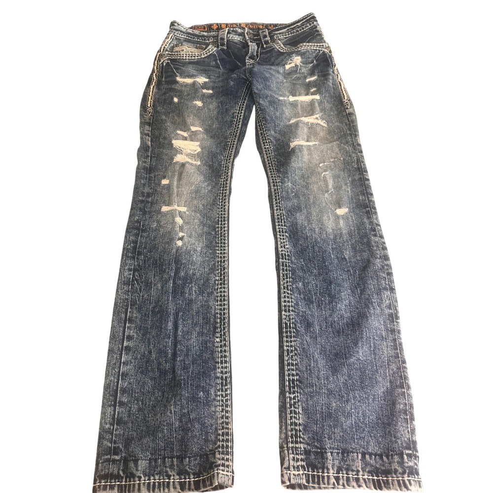 Rock Revival Ledford Straight Leg Distressed Jeans Mens 29 Blue Fleur De Lis